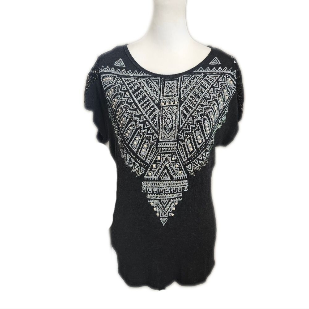 Vocal Short Sleeved Embellished Tee T-shirt, Lace Sleeves, Charcoal Gray, M